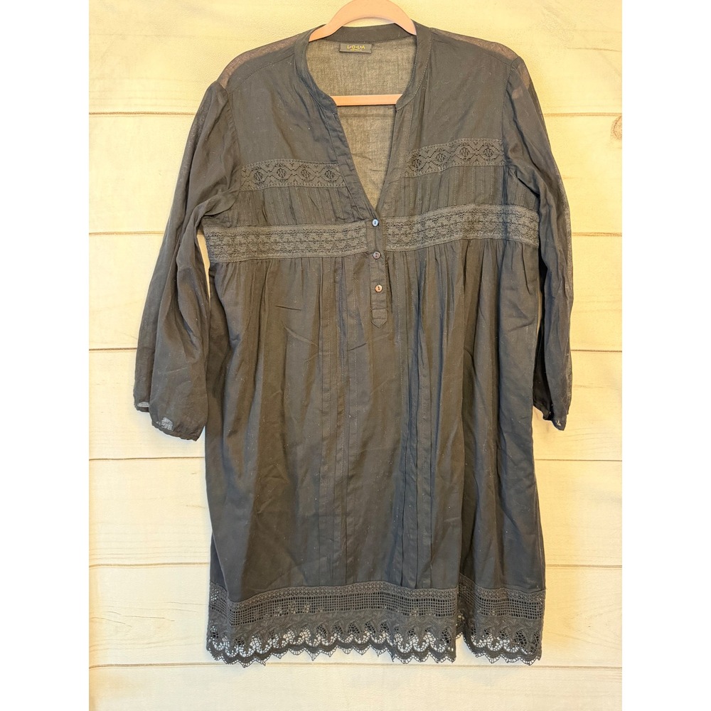 Lola Australia Black Cotton Crochet Lace Tunic Dress Womens Medium Boho Pintuck